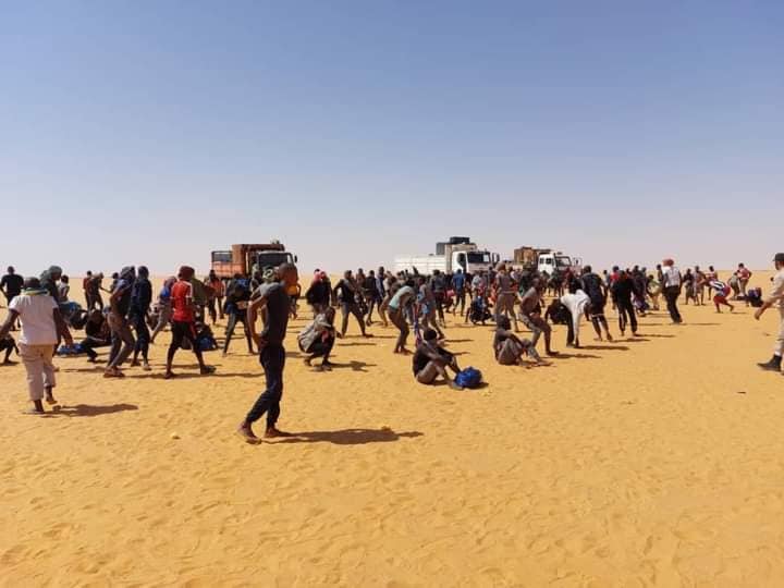 الصورة: تبعد السلطات الليبية عشرات المهاجرين بإستخدام شاحنات نقل كبير ة في صحراء جنوب شرق ليبيا، الثلاثاء 8 يونيو 2022. المصدر: وسائل التواصل الإجتماعي ©